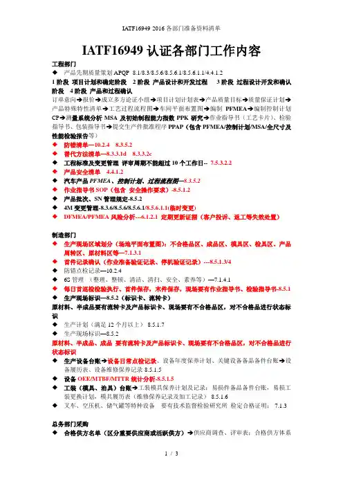 IATF16949-各部门准备资料清单