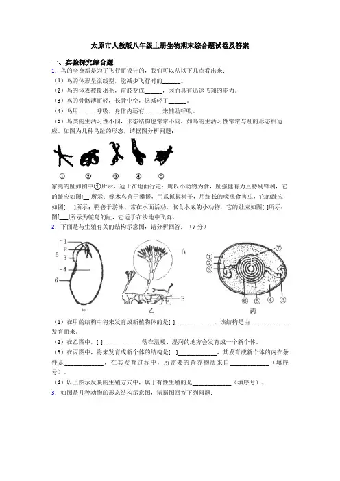 太原市人教版八年级上册生物期末综合题试卷及答案