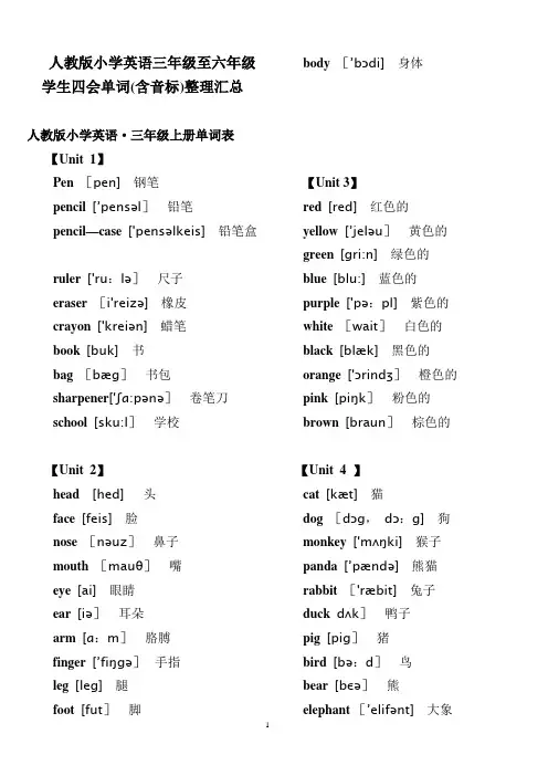 人教版小学英语三年级至六年级学生四会单词(含音标)整理汇总