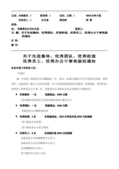 关于先进集体、优秀团队、优秀经理、优秀员工、优秀办公干事奖励的通知