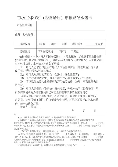市场主体住所(经营场所)申报登记承诺书