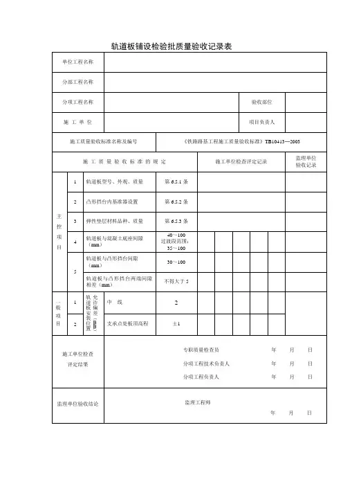 轨道板铺设检验批质量验收记录表