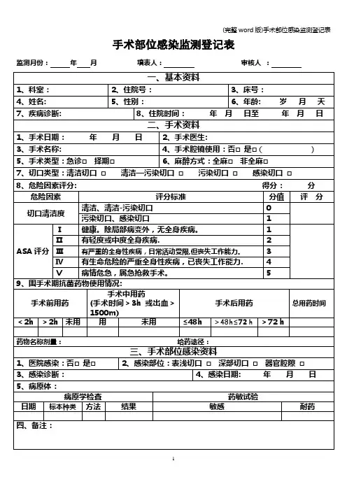 (完整word版)手术部位感染监测登记表