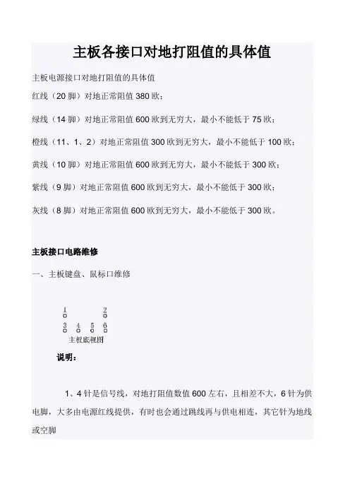 主板上各接口的对地阻值