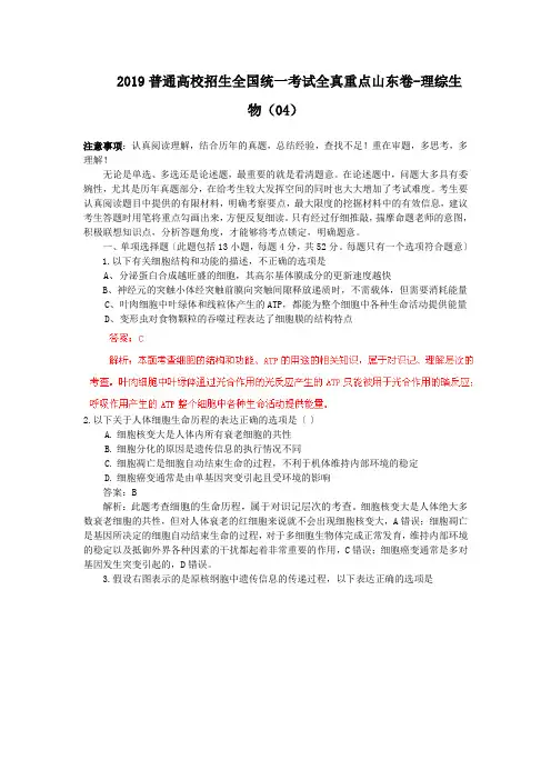 2019普通高校招生全国统一考试全真重点山东卷-理综生物(04)