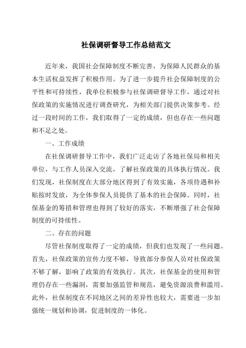 社保调研督导工作总结范文