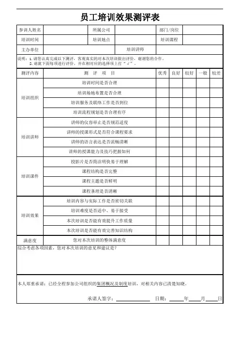 员工培训效果测评表