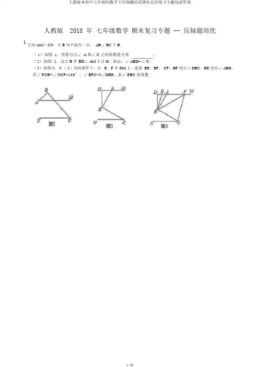 人教版本初中七年级的数学下压轴题培优期末总结复习专题包括答案
