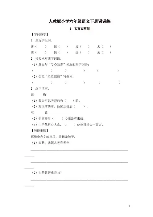 部编人教版小学六年级语文下册全册课课练