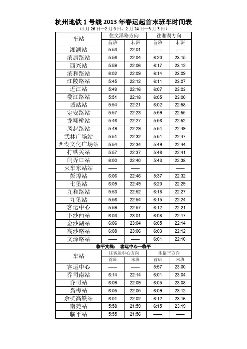 杭州地铁1号线2013年春运开始的首末班车时间表及票价表