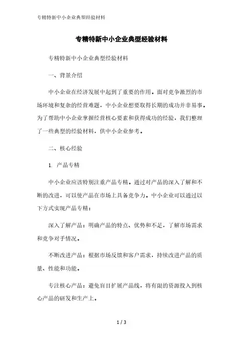 专精特新中小企业典型经验材料精简版范文