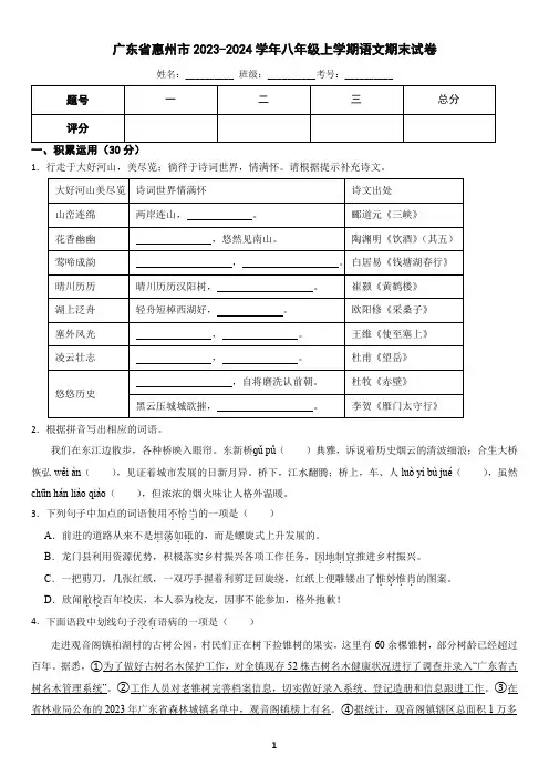 广东省惠州市2023-2024学年八年级上学期语文期末考试试卷(含答案)