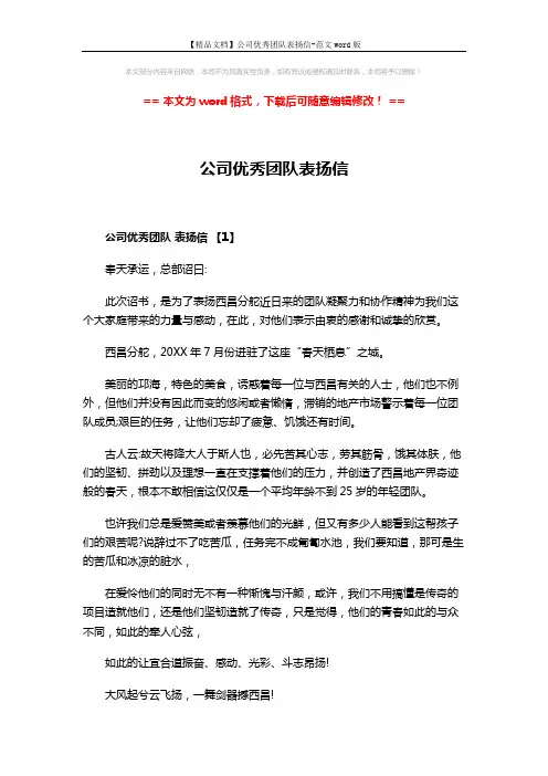 【精品文档】公司优秀团队表扬信-范文word版 (3页)
