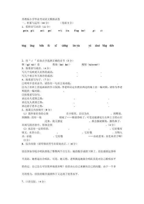 苏教版小学毕业考试语文模拟试卷