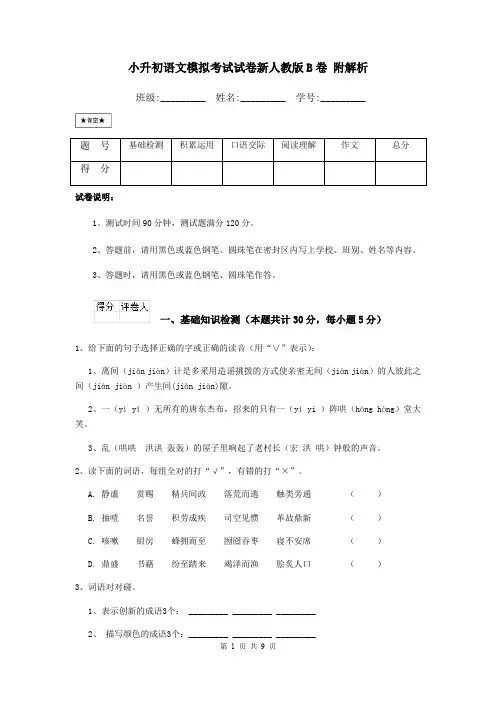 小升初语文模拟考试试卷新人教版B卷 附解析
