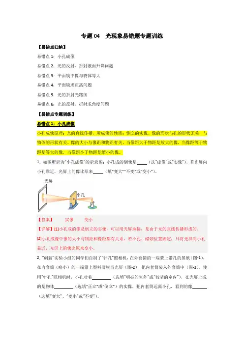 专题04光现象易错题专题训练-2024-2025学年八年级物理上学期期末专题复习(人教版)