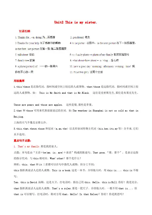 七年级英语上册 Unit 2 This is my sister基础知识必背手册 (新版)人教新目标版