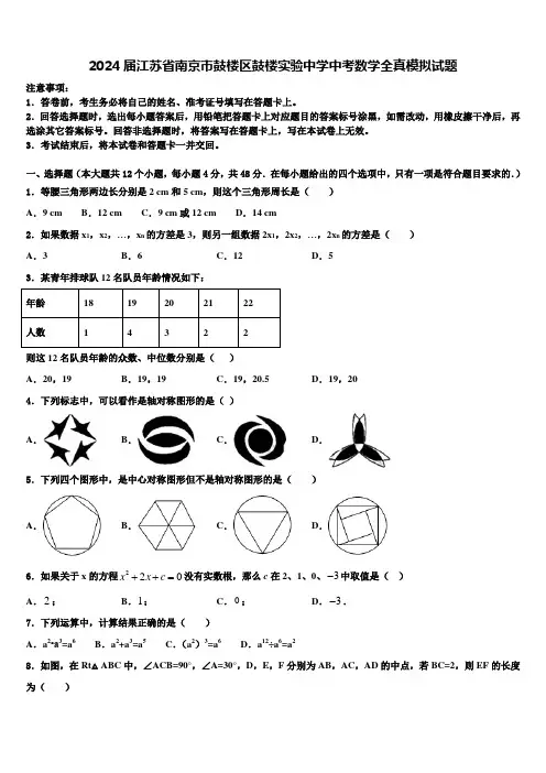 2024届江苏省南京市鼓楼区鼓楼实验中学中考数学全真模拟试题含解析