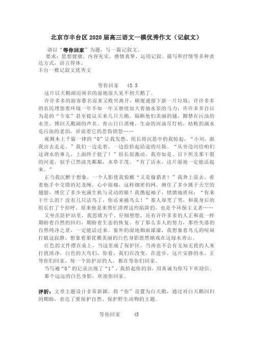 北京市丰台区2020届高三语文一模优秀作文(记叙文)(5页)