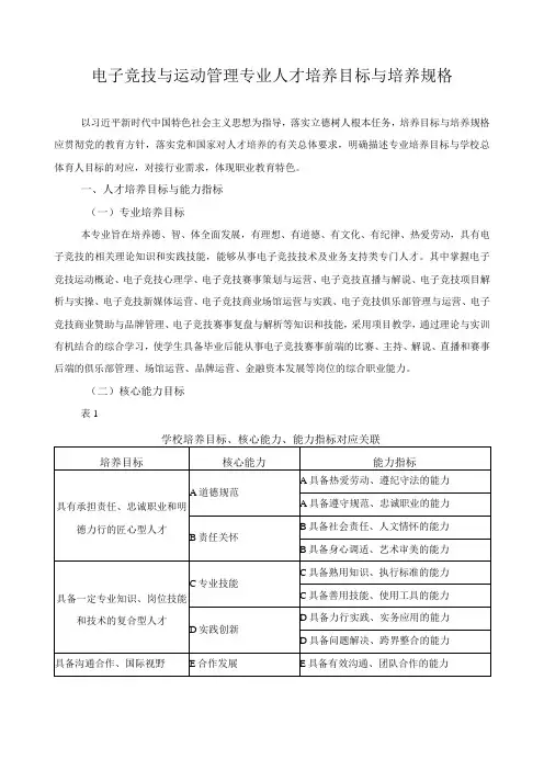 电子竞技与运动管理专业人才培养目标与培养规格