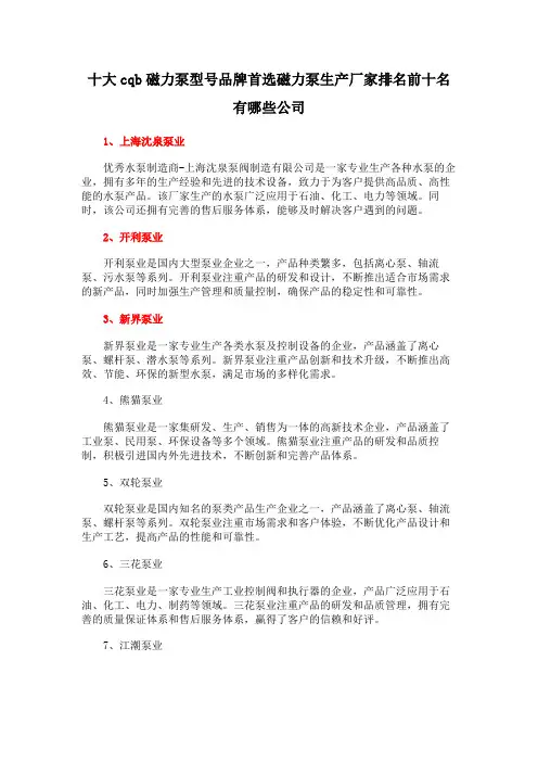 十大cqb磁力泵型号品牌首选磁力泵生产厂家排名前十名有哪些公司