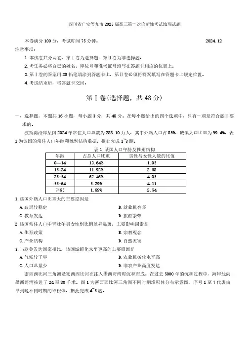 四川省广安等九市2025届高三第一次诊断性考试地理试题(含答案)