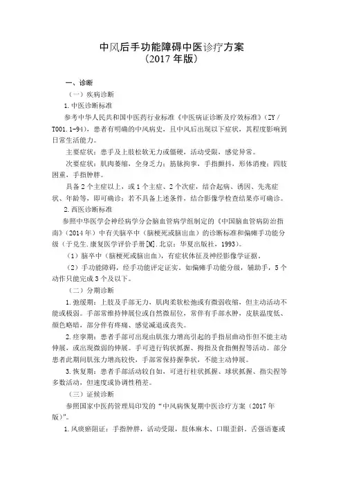 89 康复科  中风后手功能障碍中医诊疗方案(2017年版)