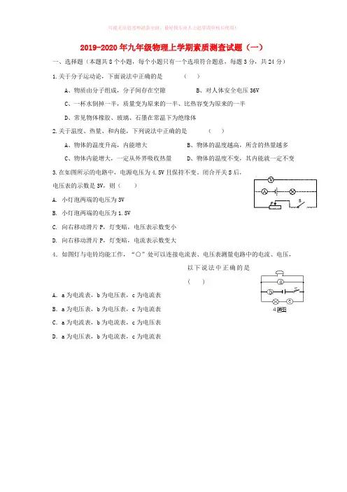 2019-2020年九年级物理上学期素质测查试题(一)