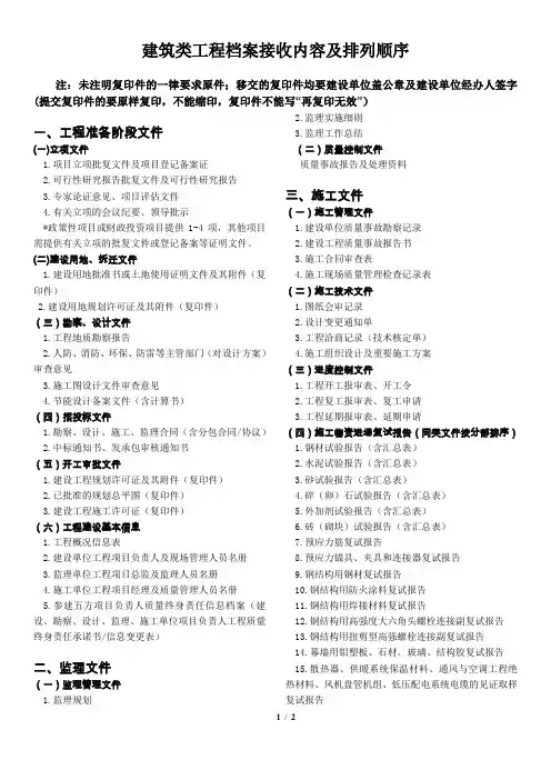 建筑类工程档案接收内容及排列顺序(2017年4月1日起实施)