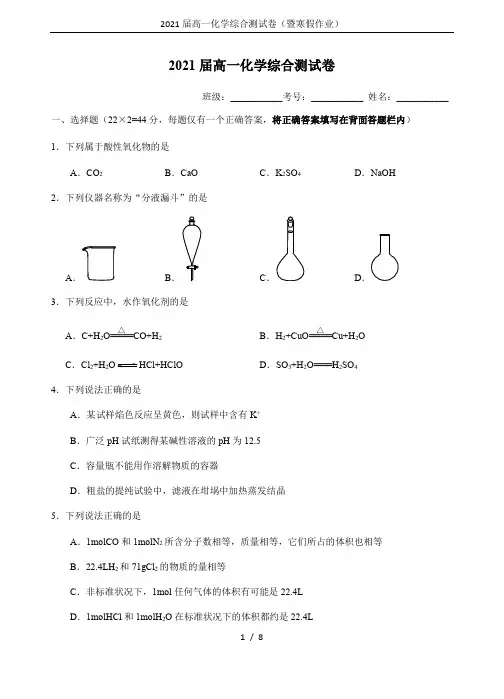 2021届高一化学综合测试卷(暨寒假作业)