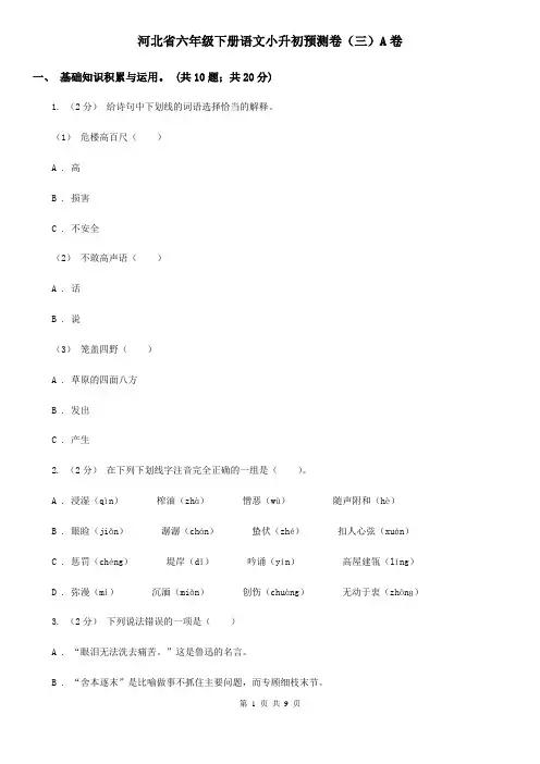河北省六年级下册语文小升初预测卷(三)A卷