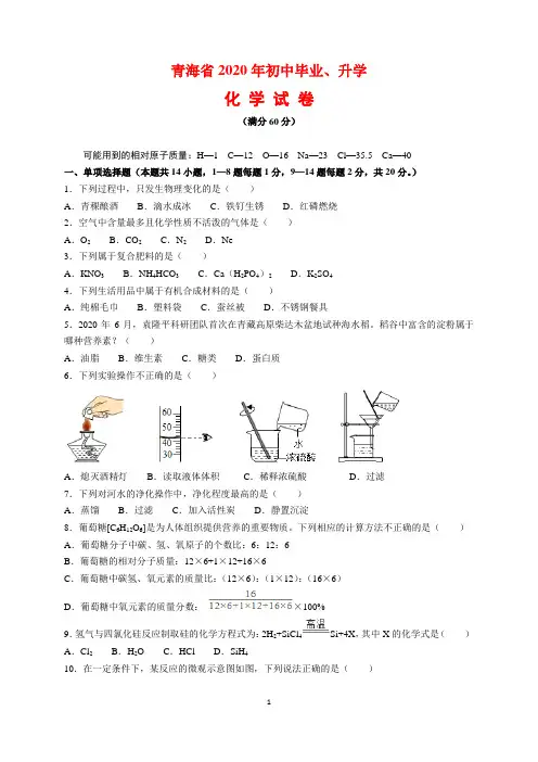 2020年青海省中考化学试题及参考答案(word解析版)