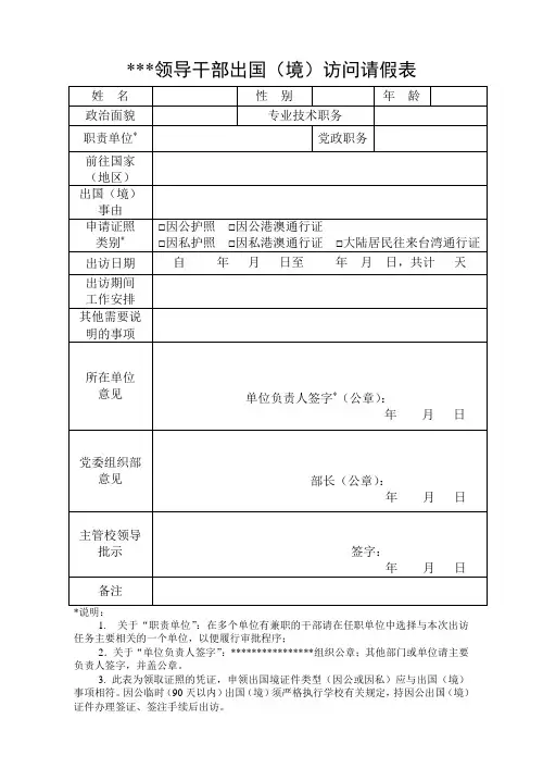 领导干部出国(境)访问请假表