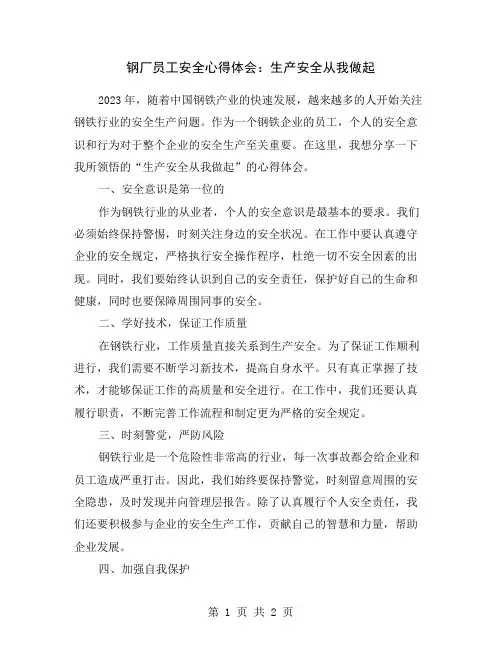 钢厂员工安全心得体会：生产安全从我做起