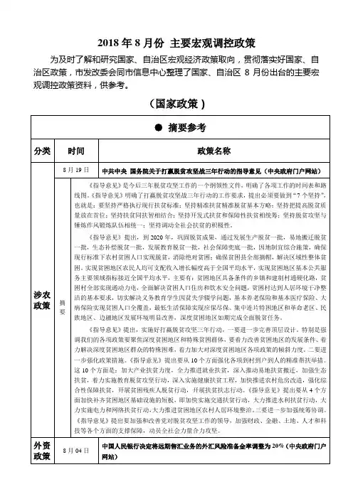 2018年8月份主要宏观调控政策