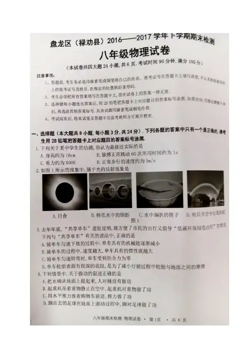 云南省昆明市盘龙区(禄劝县)2016-2017学年八年级下学期期末考试物理试题(图片版)