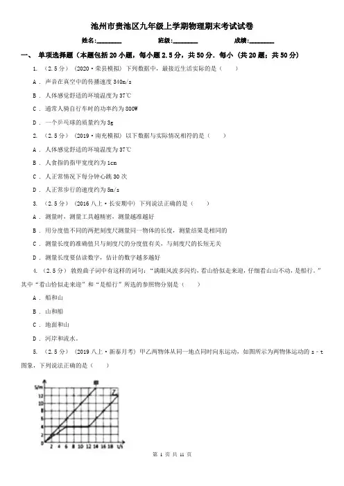 池州市贵池区九年级上学期物理期末考试试卷