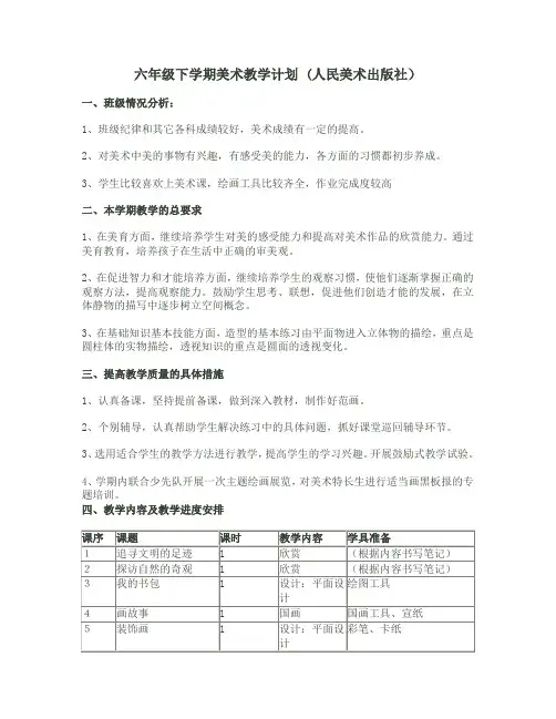六年级美术教学计划-人教版