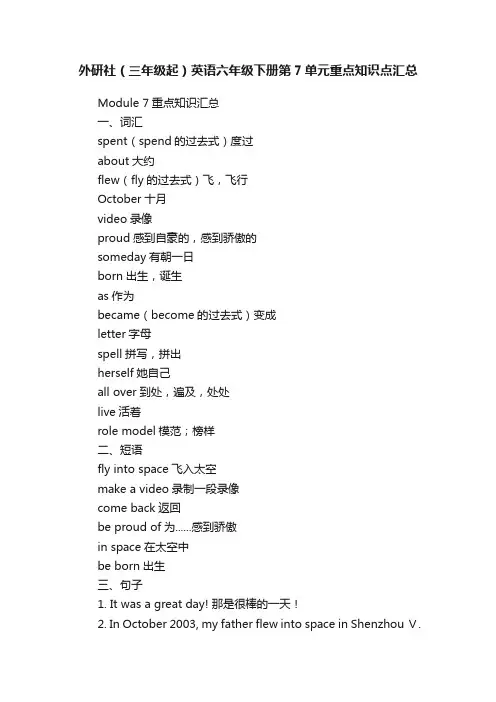 外研社（三年级起）英语六年级下册第7单元重点知识点汇总
