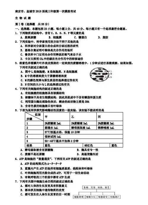江苏省南京市盐城市2019届高三第一次模拟考试(生物)+【五套理综模拟卷】