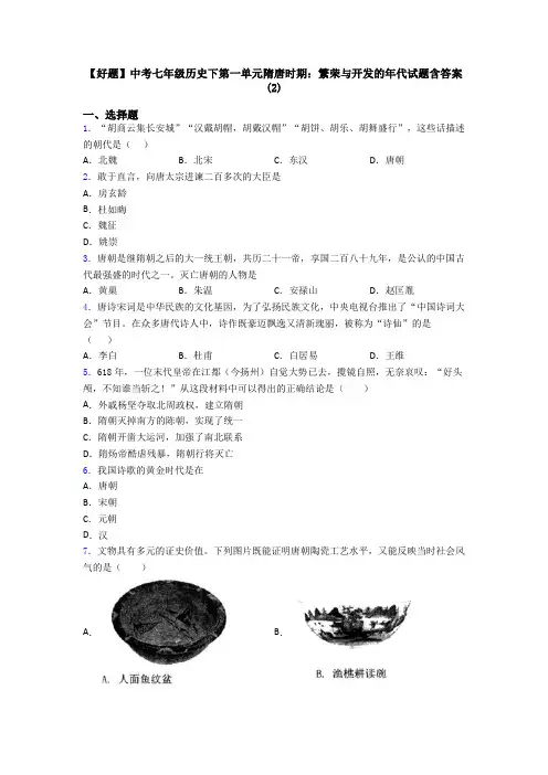 【好题】中考七年级历史下第一单元隋唐时期：繁荣与开发的年代试题含答案(2)