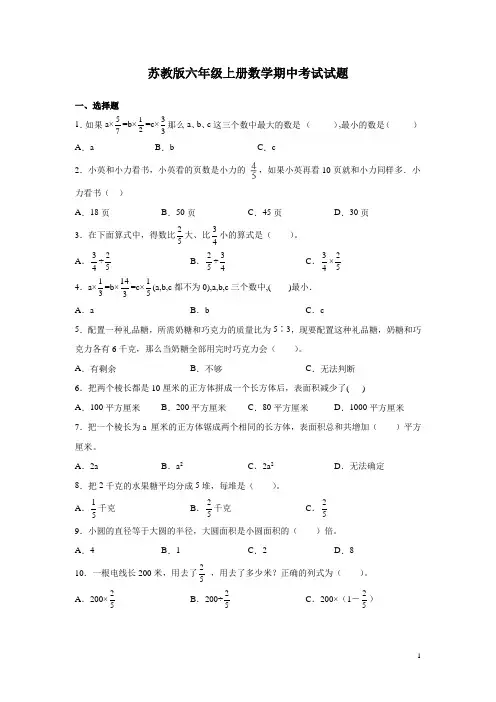苏教版六年级上册数学期中考试试卷含答案