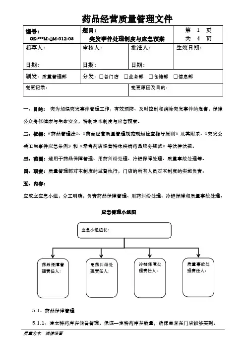 零售药店经营特殊疾病药品服务制度--012突发事件处理制度与应急预案