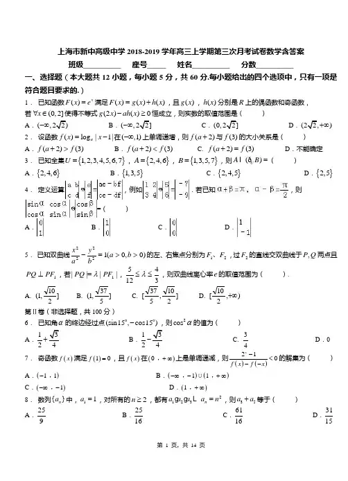 上海市新中高级中学2018-2019学年高三上学期第三次月考试卷数学含答案