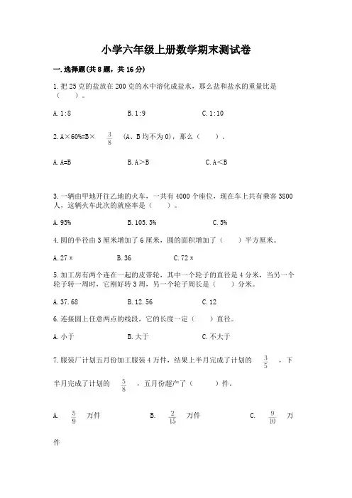 小学六年级上册数学期末测试卷(完整版)