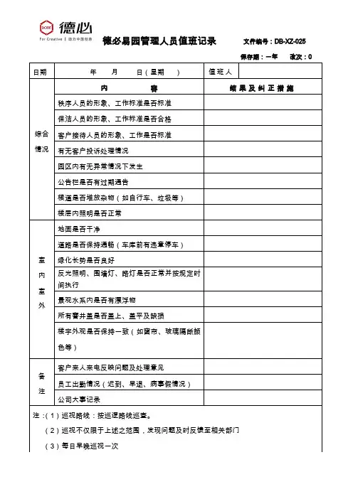 写字楼物业值班记录表