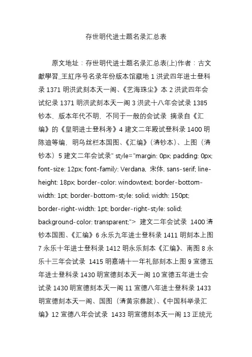 存世明代进士题名录汇总表