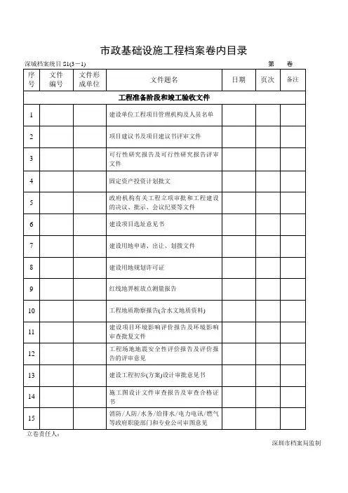 广东省深圳市最新市政基础设施工程归档目录讲义