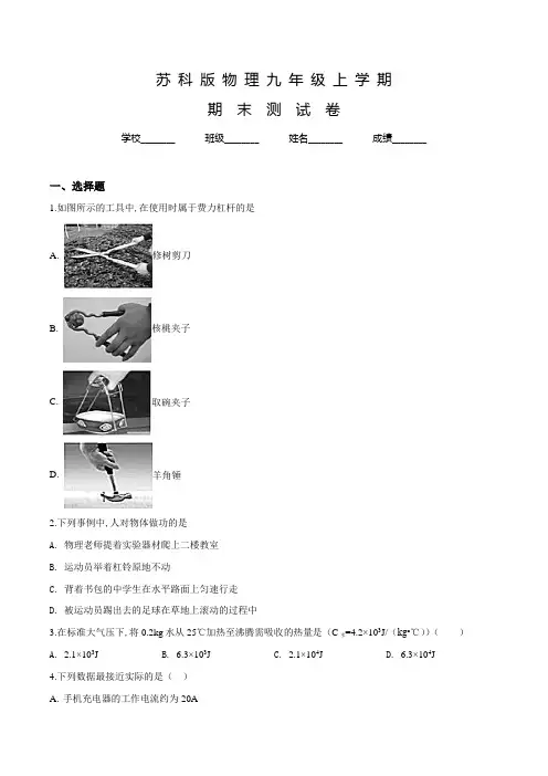 苏科版物理九年级上册《期末测试卷》含答案解析