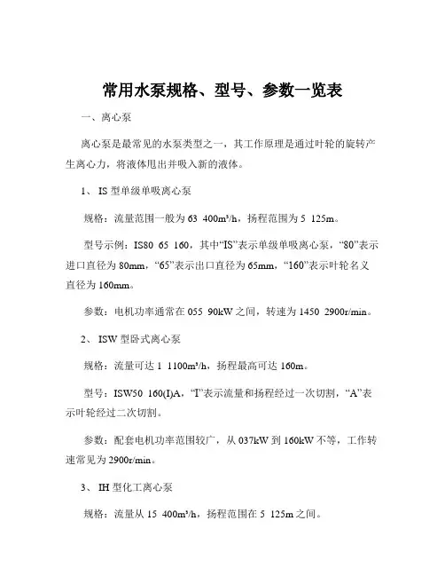 常用水泵规格、型号、参数一览表